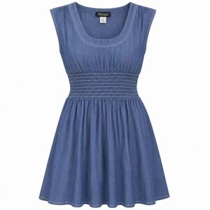 Venus Denim Dress Womens 6 Smocked Waist Casual Blue Cotton Chambray